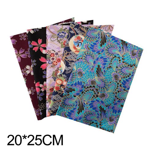 Lot de 5 coupons de tissu 20 cm x 25 cm coton grue japonais japonisant grue fleurs bleu doré