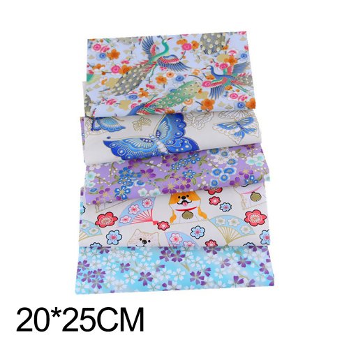 Lot de 5 coupons de tissu 20 cm x 25 cm coton grue paon japonais japonisant vagues fleurs bleu doré