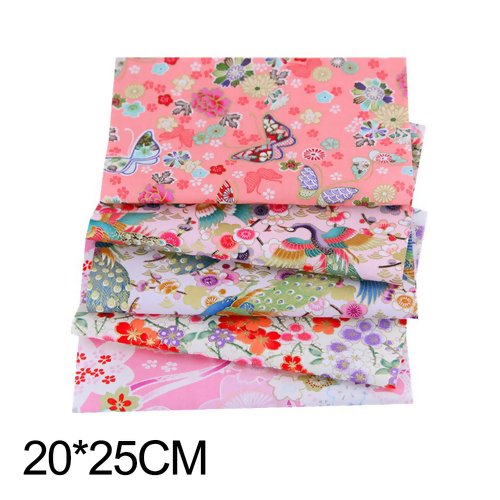 Lot de 5 coupons de tissu 20 cm x 25 cm coton grue paon japonais papillon japonisant vagues fleurs bleu doré