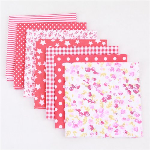 Lot de 7 coupons de tissu 25 cm x 25 cm coton fantaisie rayures rouge rose blanc graphique fleurs pois étoiles