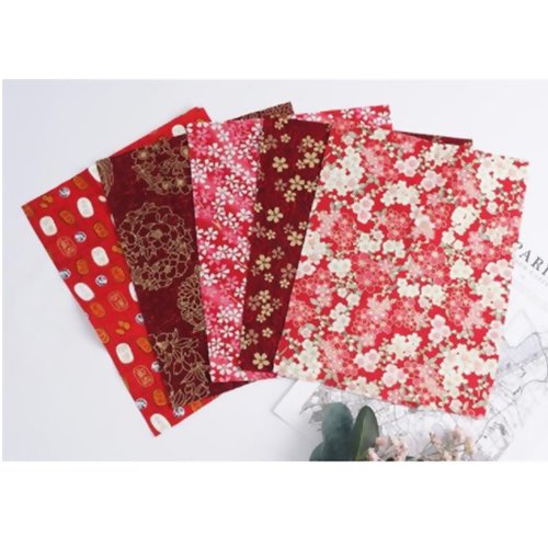 Lot de 5 coupons de tissu 20 cm x 25 cm coton vague japonais japonisant grue fleurs rouge doré