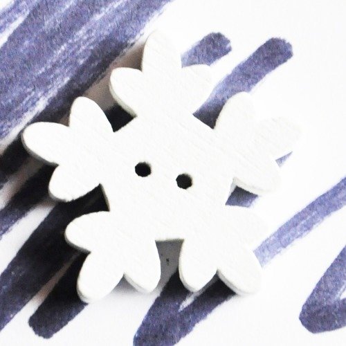 Lot 3 boutons forme flocon de neige blanc 25 mm en bois  