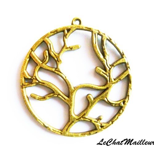 Pendentif médaillon arbre bois branche métal couleur bronze 44x40mm nature branchage (f000) destockage