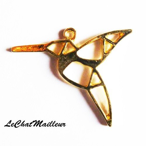 Breloque pendentif oiseau mouche colibri façon origami métal doré 31mm x 27mm japonisant exotique