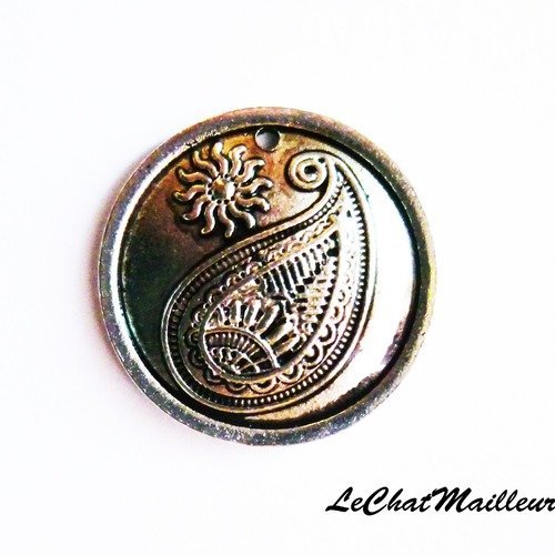Breloque médaillon médaille paisley ethnique plume simple métal argenté indou soleil 25mm  (a7057) destockage