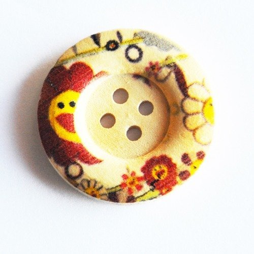 Grand bouton en bois motifs fleurs 3 cm