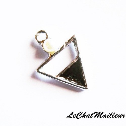 Breloque triangle noir perle nacré ethnique pointe de flèche amérindien 19mm x 14mm métal argenté  (a7019) 