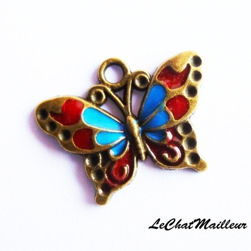 Breloque papillon bronze et émaille rouge et bleu art deco 25mm x 19mm (a7007) 