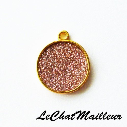 Breloque en métal doré et paillettes rose de forme géométrique rond 19 mm x 16 mm (af000)
