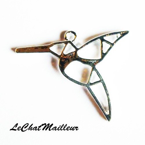 Breloque pendentif oiseau mouche colibri façon origami métal argenté 31mm x 27mm japonisant exotique