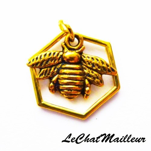 Pendentif abeille avec son alvéole mobile en métal doré 22 mm x 20 mm