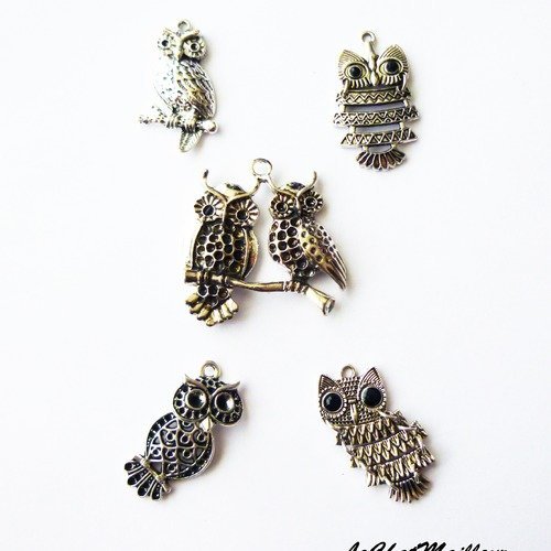 Lot de 5 pendentifs en forme de hibou chouette en métal argenté 37 mm (ad008)