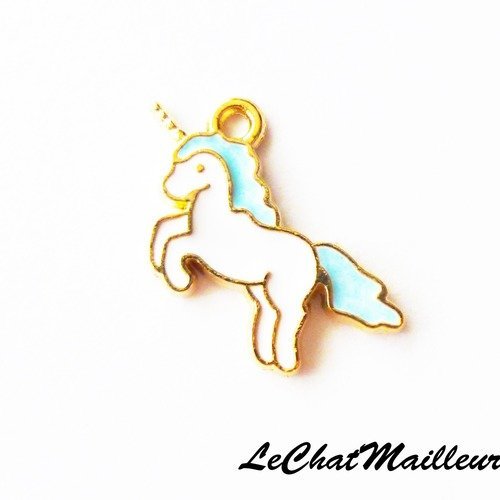 Breloque en métal doré émail bleu et blanc licorne cheval (a7061)