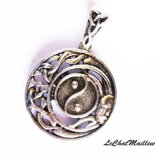 Médaillon ying yang celtique arbre de vie zen yoga en métal argenté 37mm x 25mm celte viking (a7039) 