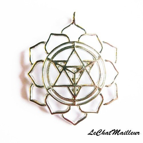 Pendentif merkaba méditation 40mm x 31mm métal argenté zen chakra (a7037) 