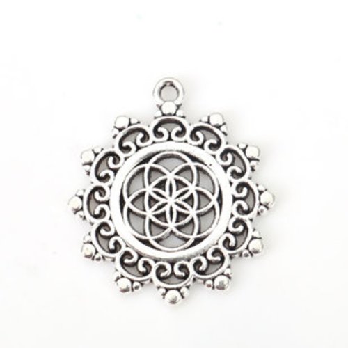 Pendentif en métal argenté fleur méditation zen sri yantra 34 mm x 30 mm géométrique triangle mandala