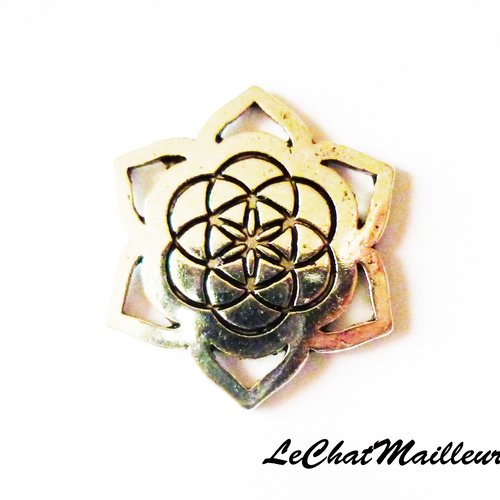 Connecteur fleur de vie en métal argenté mandala étoile méditation zen rosace 29mm x 25mm (a7044)