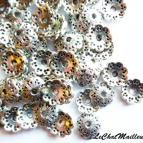 Lot de 15 perles coupelles intercalaire arabesque en métal argenté 12 mm (y011)