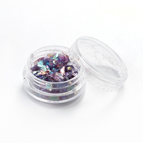 Boite paillette fragment irisé mauve idéal pour vos bijoux en résine époxy 3 cm