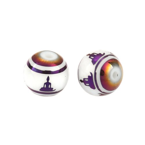 Perle en verre blanc et motifs violet pétrole bouddha méditation bohème 10 mm boule chic