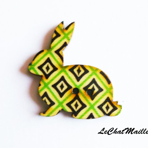 Bouton fantaisie en bois multicolore en forme de lapin 3 cm animaux graphique rétro wax géométrique vert