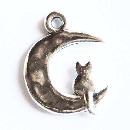 Breloque chat croissant de lune en métal argenté martelé nuit