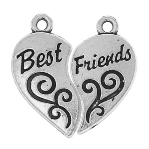 Breloques pendentifs coeur partageable best friends meilleurs amies bff métal argenté (a7068)