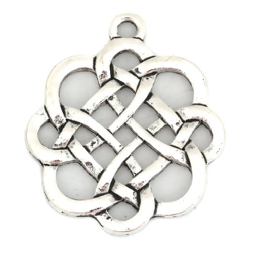 Pendentif noeud celtique en métal argenté viking fleur arabesque 31 mm x 27 mm (a7068)