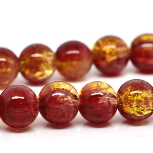 Lot de 10 perles en verre craqueler rouge et jaune 10 mm trou 1 mm (ae004)
