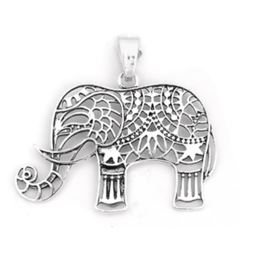 Grand pendentif métal argenté arabesque éléphant dentelle ajourer 68 mm x 61 mm indou (u000)
