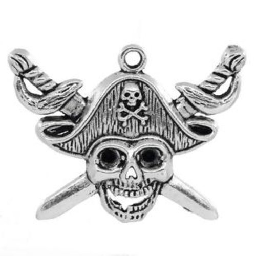 Pendentif en métal argenté pirate tête de mort jolly roger drapeau caraibe jack sparow 4.5 x 3.4 cm (u00)