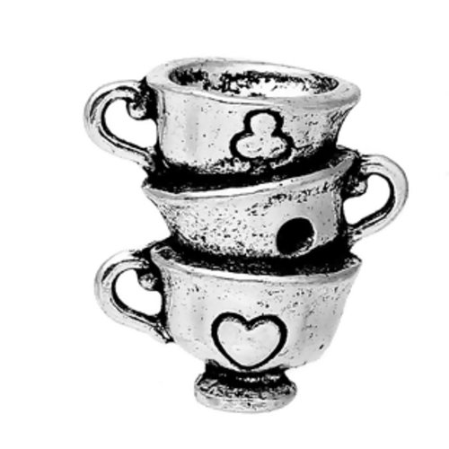 Breloque alice 3 tasses thé gouter métal argenté 20 mm x 19 mm coeur 3d volume (a7069)