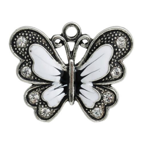 Breloque pendentif en métal argenté en forme de papillon strass et émail blanc 34 mm x 27 mm (a7073)