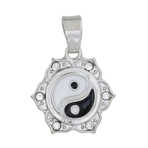 Pendentif breloque en métal argenté émail blanc et noir strass ying yang zen méditation  25 mm x 18 mm (a7077)
