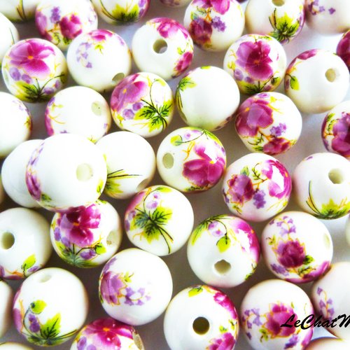 Lot de 5 perles céramique 12 mm trou 2,5 mm blanc fleurs fleuri mauve japonisant