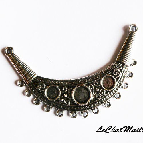 Plastron ethnique demi lune bohème métal argenté multirangs cabochons pendentif collier sac connecteur intercalaire 70 mm x 20 m