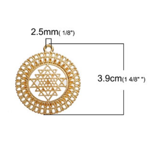 Pendentif en métal doré méditation zen sri yantra 39 mm x 34 mm géométrique triangle mandala