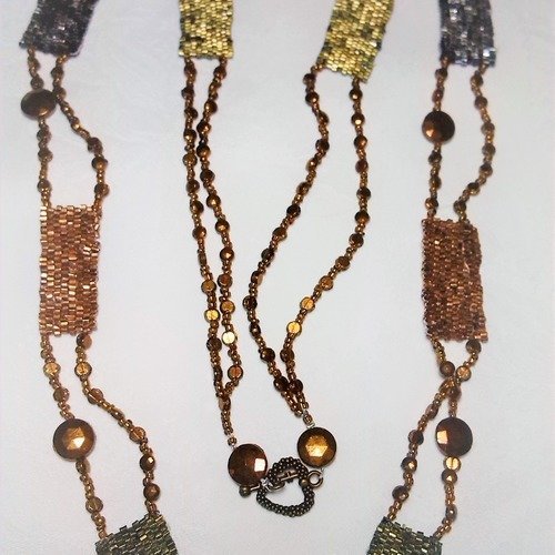 Long collier 2 rangs, collier en perles tissées métallisées