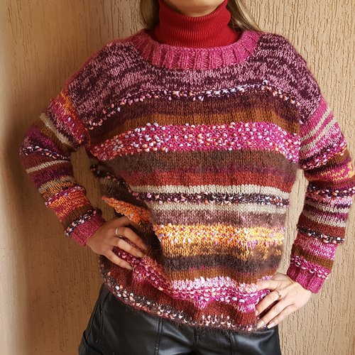 Pull à rayures dégradées marron rose et orange, pull fait main, tricot en laine,