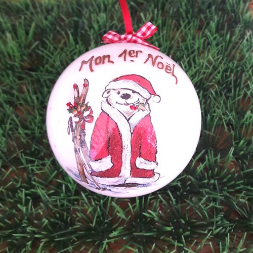 Boule de premier noël faite main, ourson ski, diamètre 8 cm