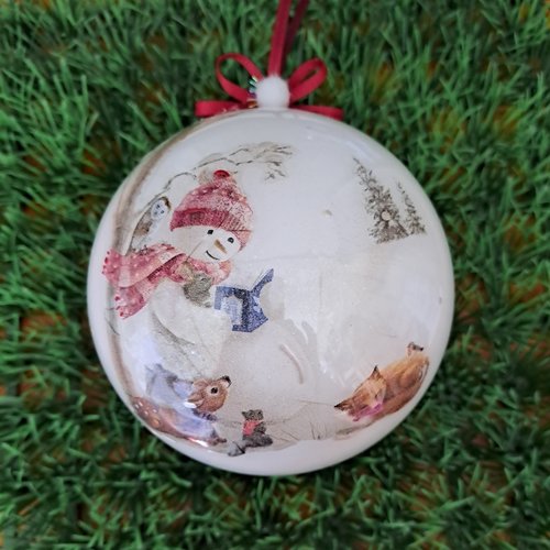 Boule de premier noël faite main, bonhomme de neige et ses amis, diamètre 10 cm