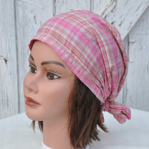 Bandana, fichu,  foulard préformé en coton écossais rose - taille unique