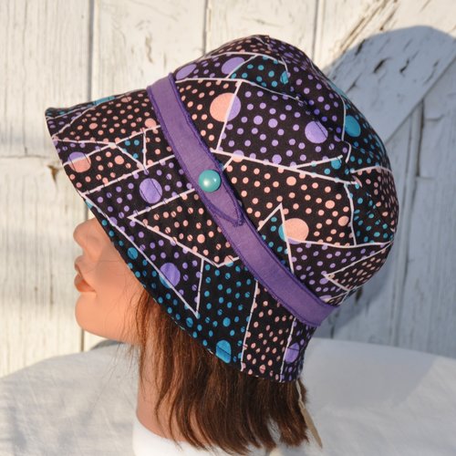 Chapeau cloche femme, coton wax noir rose mauve bleu - taille 53cm