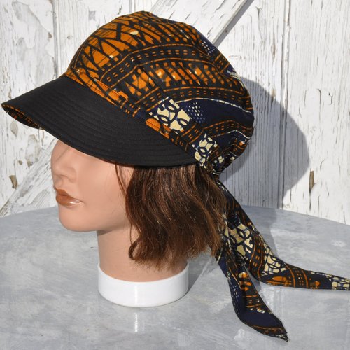 Casquette bandana, bandana préformé, wax coton marron-brique, marine et noir imprimé, taille unique