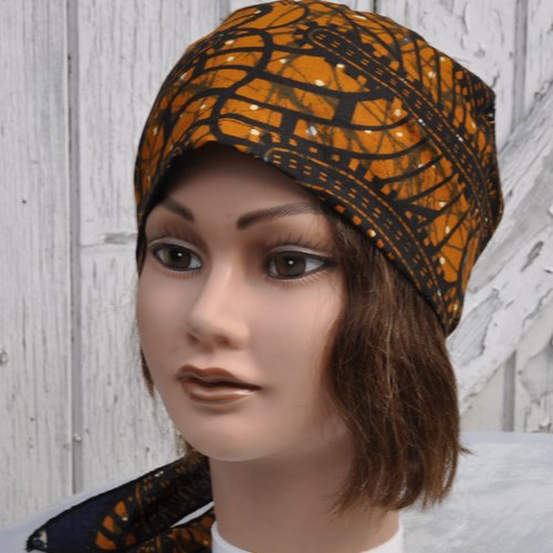 Bandana, fichu, foulard préformé en wax coton marron brique marine - taille unique