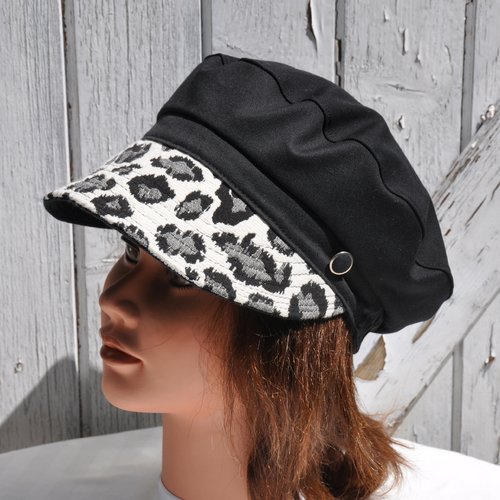 Casquette coton noir, casquette été femme, casquette légère, visière motif léopard noir et blanc - taille s 54-55cm