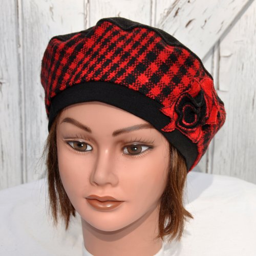 Béret hiver femme léolix, lainage écossais noir et rouge - taille 57,5cm (m)