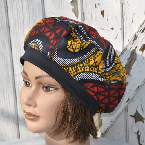 Béret femme été, en wax coton, imprimé bleu marine rouge et jaune ocre, réversible bleu marine - taille m
