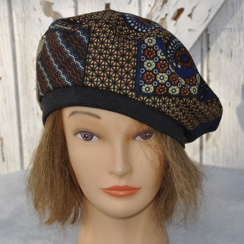 Béret femme été, en wax coton, imprimé bleu marine rouge foncé et beige, réversible noir - taille l