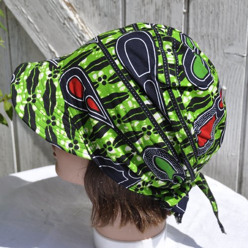 Casquette bandana, bandana préformé, wax coton imprimé vert bleu marine et rouge, taille unique